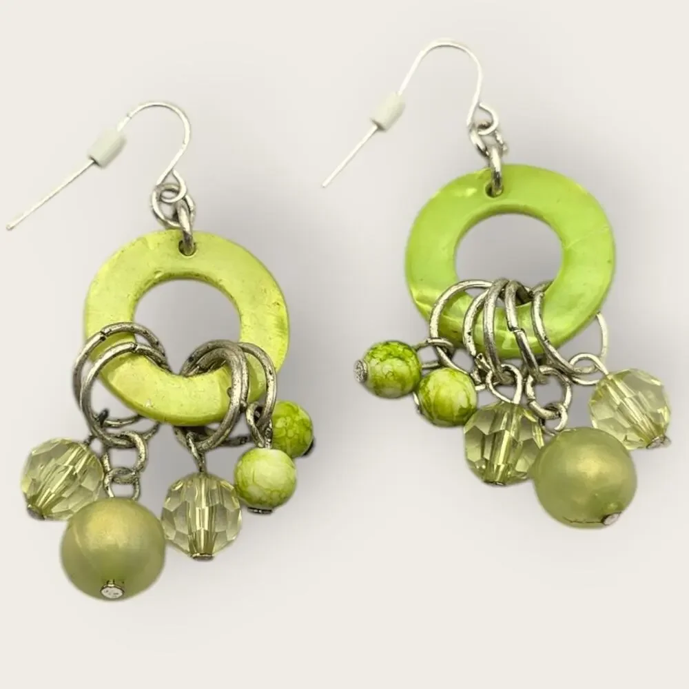 Lime Green Dangle Earrings Beaded Hoop Vintage Y2K Boho Statement Bright